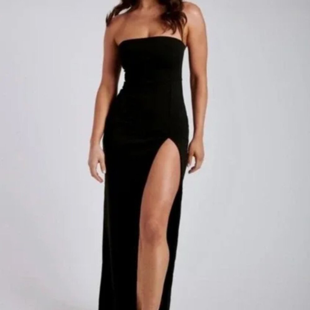 Meshki Black Rachel Front Split Strapless Maxi Dress, Size L, NWT
